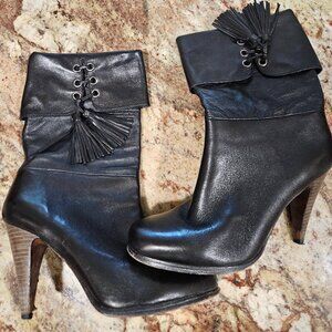 Coach Legra ankle boot, black booties, stacked heels and tassel. 9N